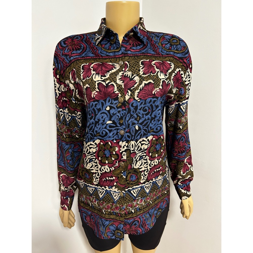 Kathie Lee Vintage Floral Tapestry Rayon Button Down Shirt Womens 8 Multi-Color